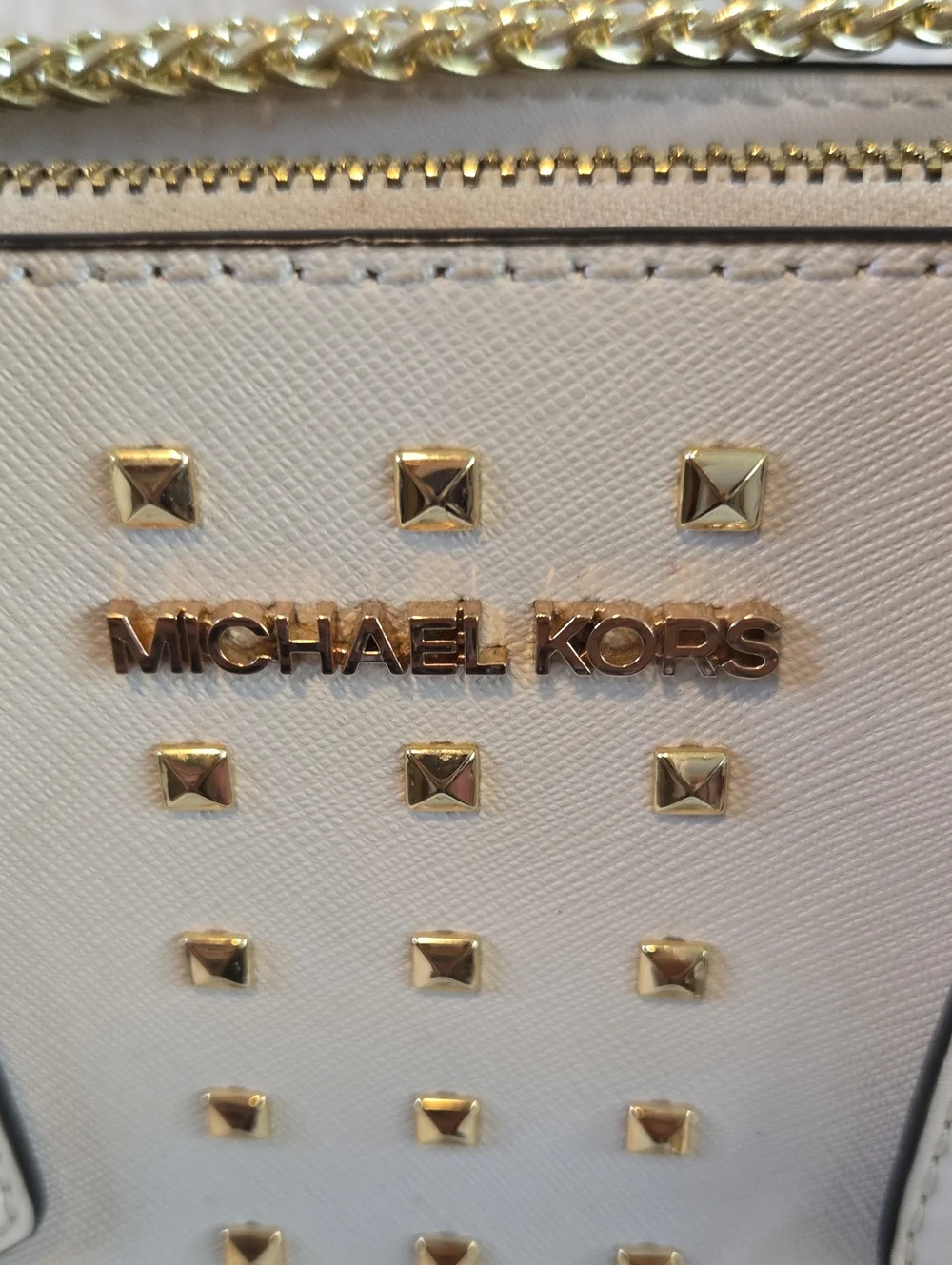 Michael Kors Cream Saffiano Leather Studded Satchel with Gold Hardware Nwot